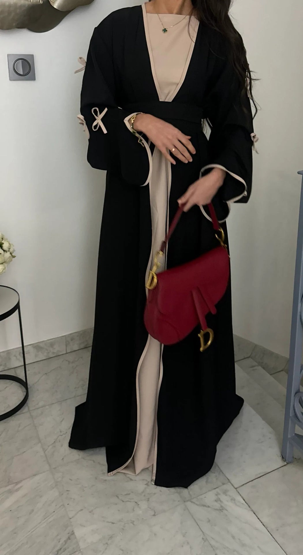 Hestia Bow-Detail Robe & Inner Dress Set — Elegant Long Abaya Style