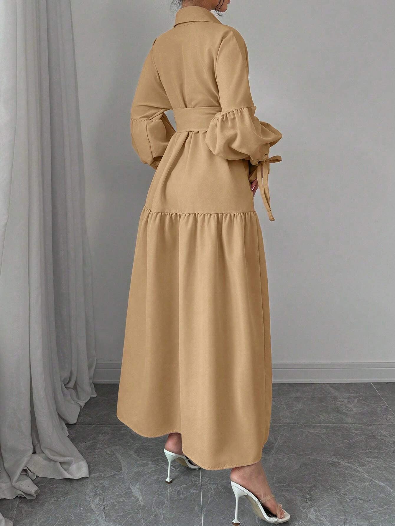 Eileithyia Elegant Tie-Waist Puff Sleeve Maxi Dress