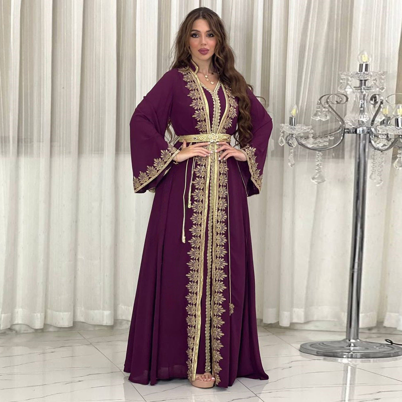 Thalia Velvet Belted Abaya-Inspired Two-Piece Dress Set