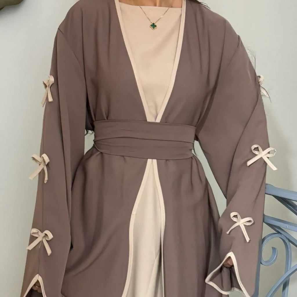 Hestia Bow-Detail Robe & Inner Dress Set — Elegant Long Abaya Style