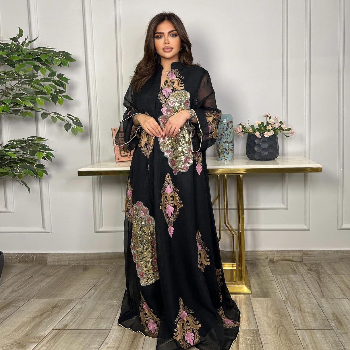 Flora Sequin Embroidered Evening Gown — Middle Eastern Inspired Long Sleeve Maxi Dress
