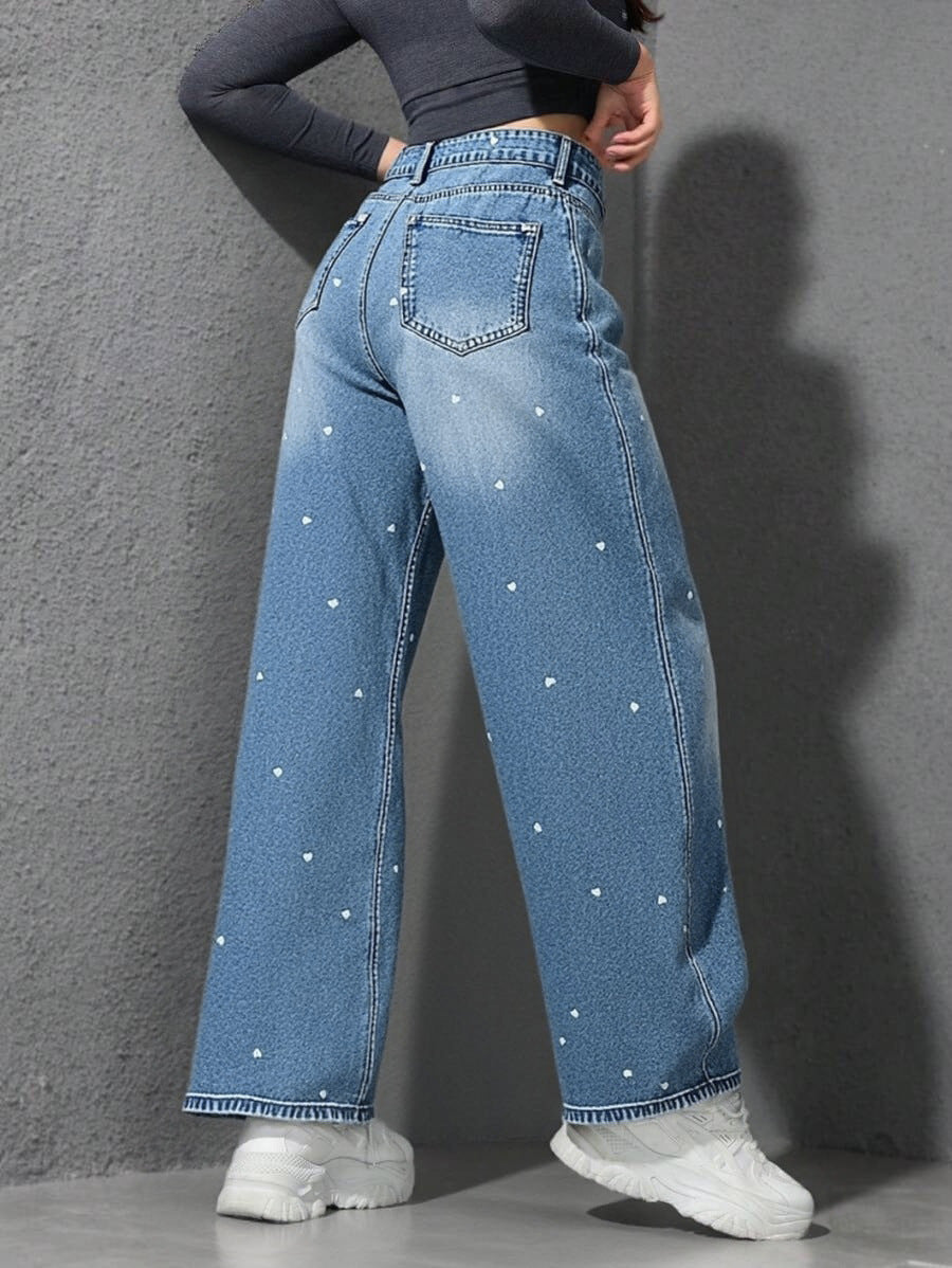 Selene Heart-Jacquard High-Waist Wide-Leg Jeans