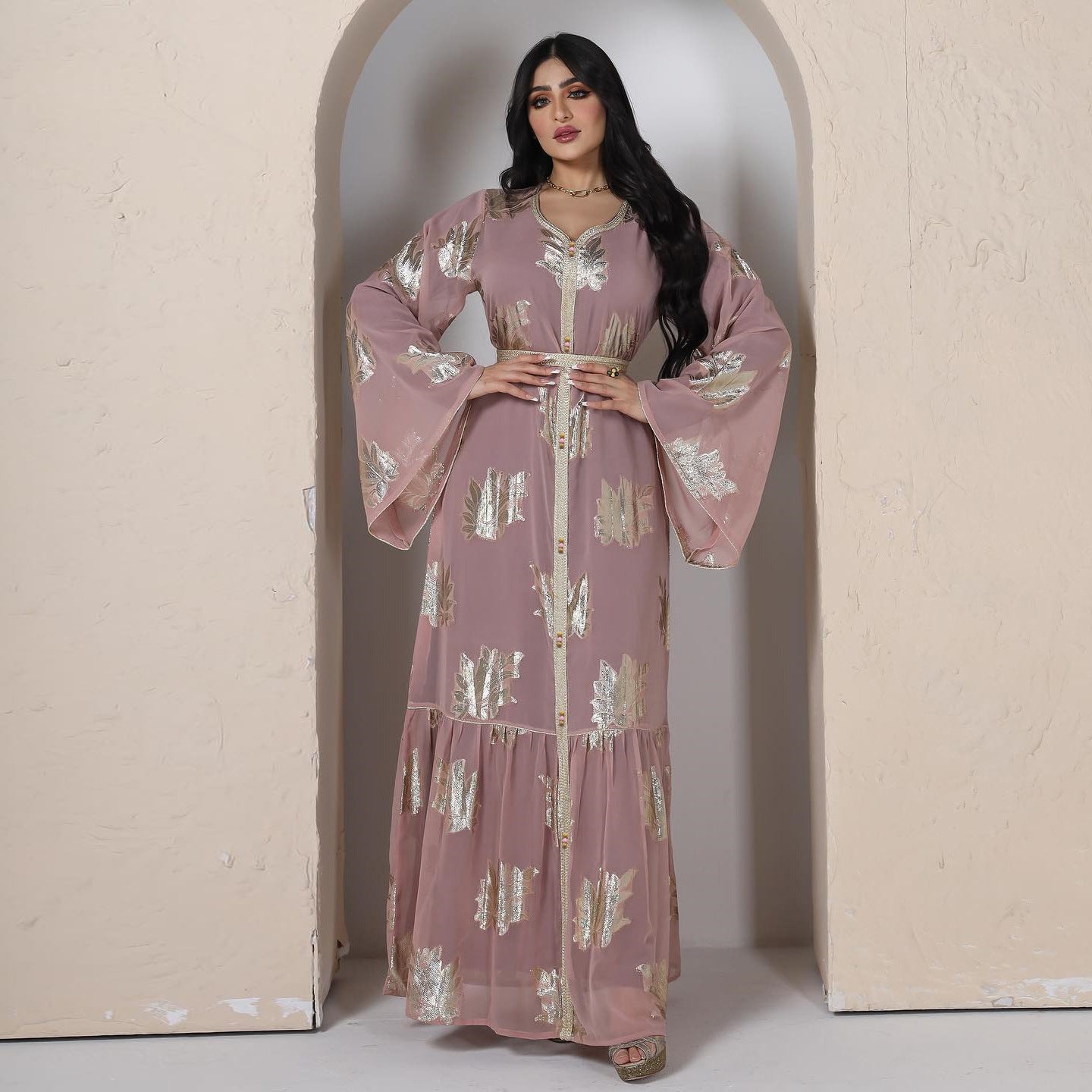 Venus Gold-Foil Chiffon Abaya — Middle Eastern Inspired Flowing Maxi Dress