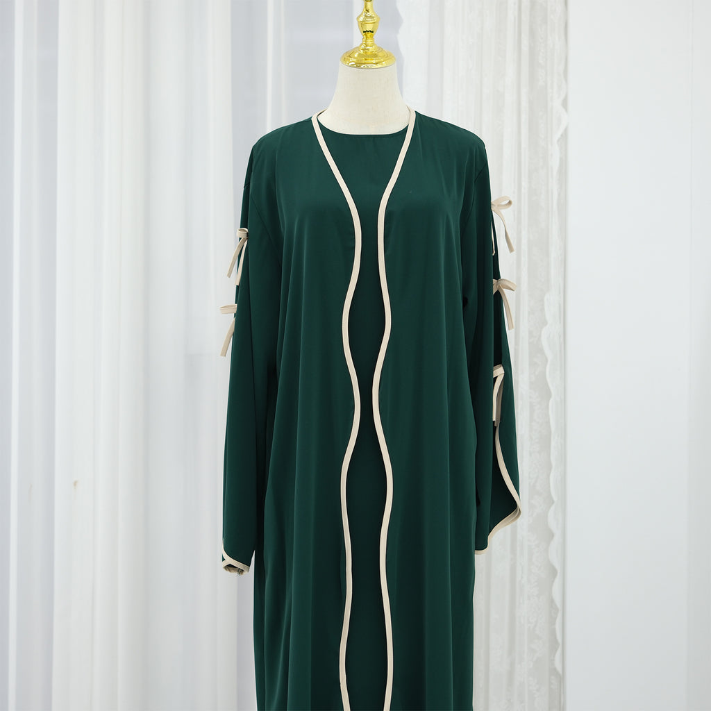 Hestia Bow-Detail Robe & Inner Dress Set — Elegant Long Abaya Style