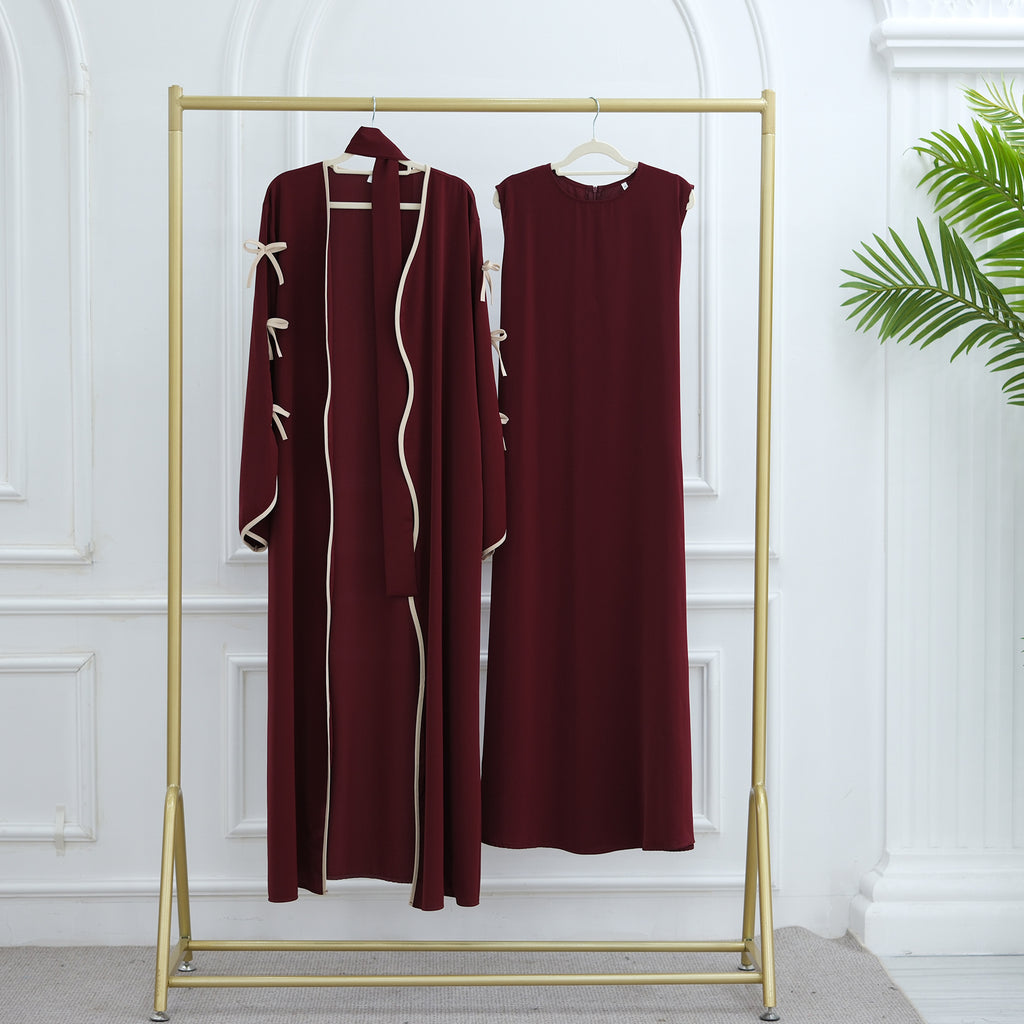 Hestia Bow-Detail Robe & Inner Dress Set — Elegant Long Abaya Style