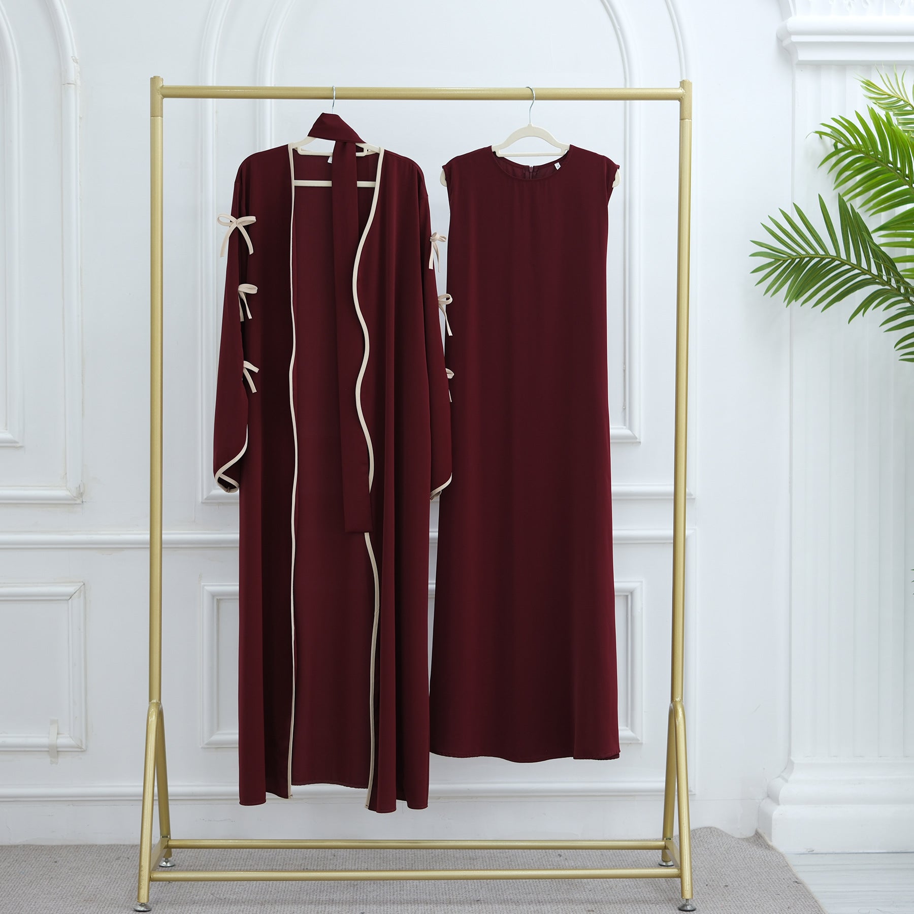 Hestia Bow-Detail Robe & Inner Dress Set — Elegant Long Abaya Style