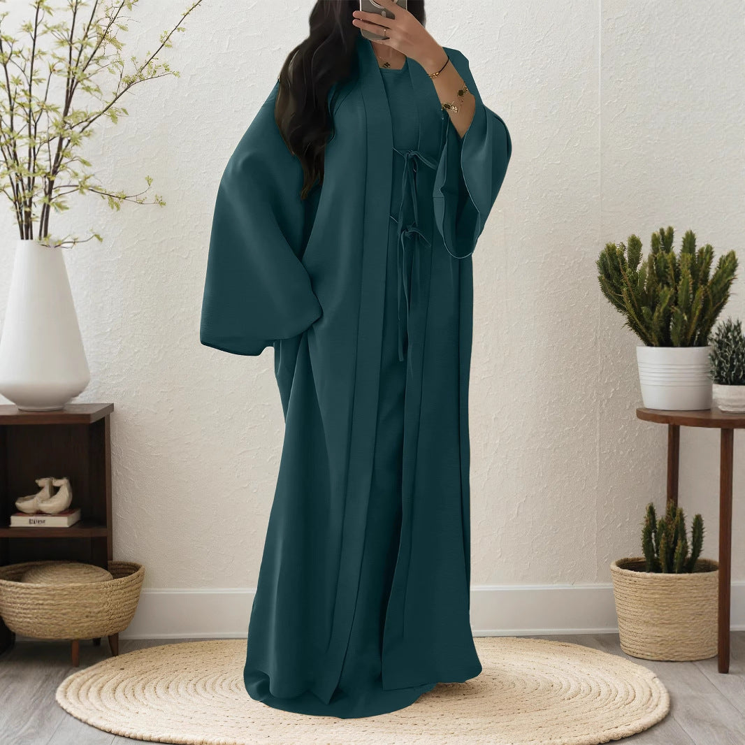 Juno Flowy Tie-Waist Cardigan Vest Dress Set — Middle Eastern Inspired Two-Piece