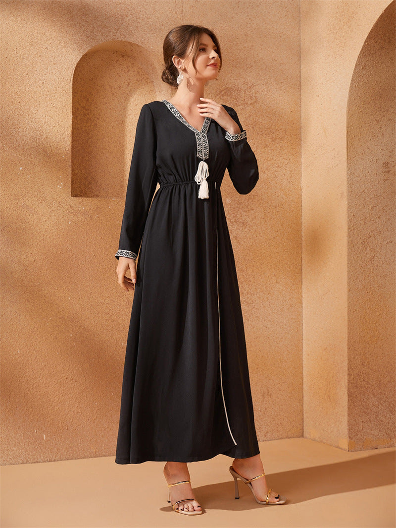 Diana Lace-Tassel Long Skirt — Middle Eastern Inspired V-Neck Elastic-Waist Maxi Dress