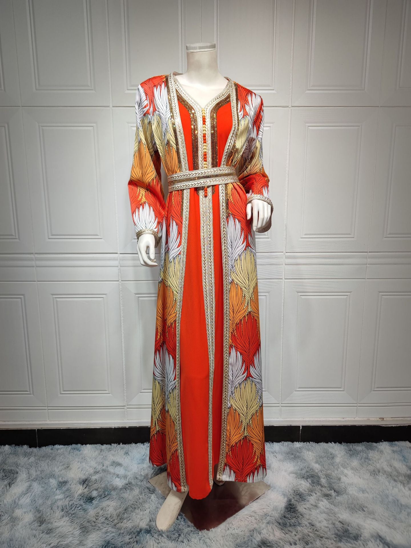 Ceres Rhinestone Ribbon Print Jalabiya Set — Middle Eastern Inspired Long-Sleeve Robe with Inner Layer