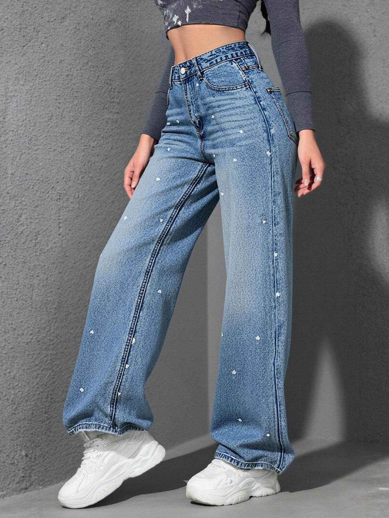Selene Heart-Jacquard High-Waist Wide-Leg Jeans