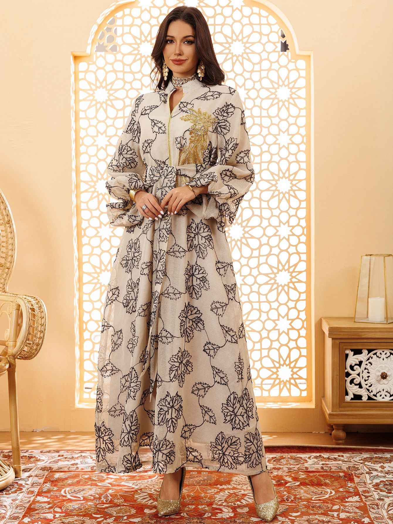 Aurora Sequined Floral Jalabiya — Middle Eastern Inspired Puff-Sleeve Evening Gown