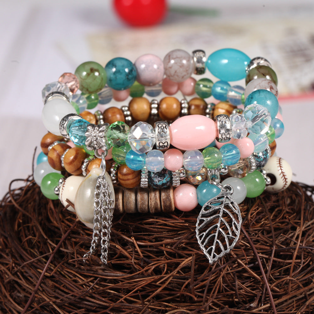 Bellona Colorful Rhombus Beaded Leaf Bracelet — Shell-Look Cracked Stone
