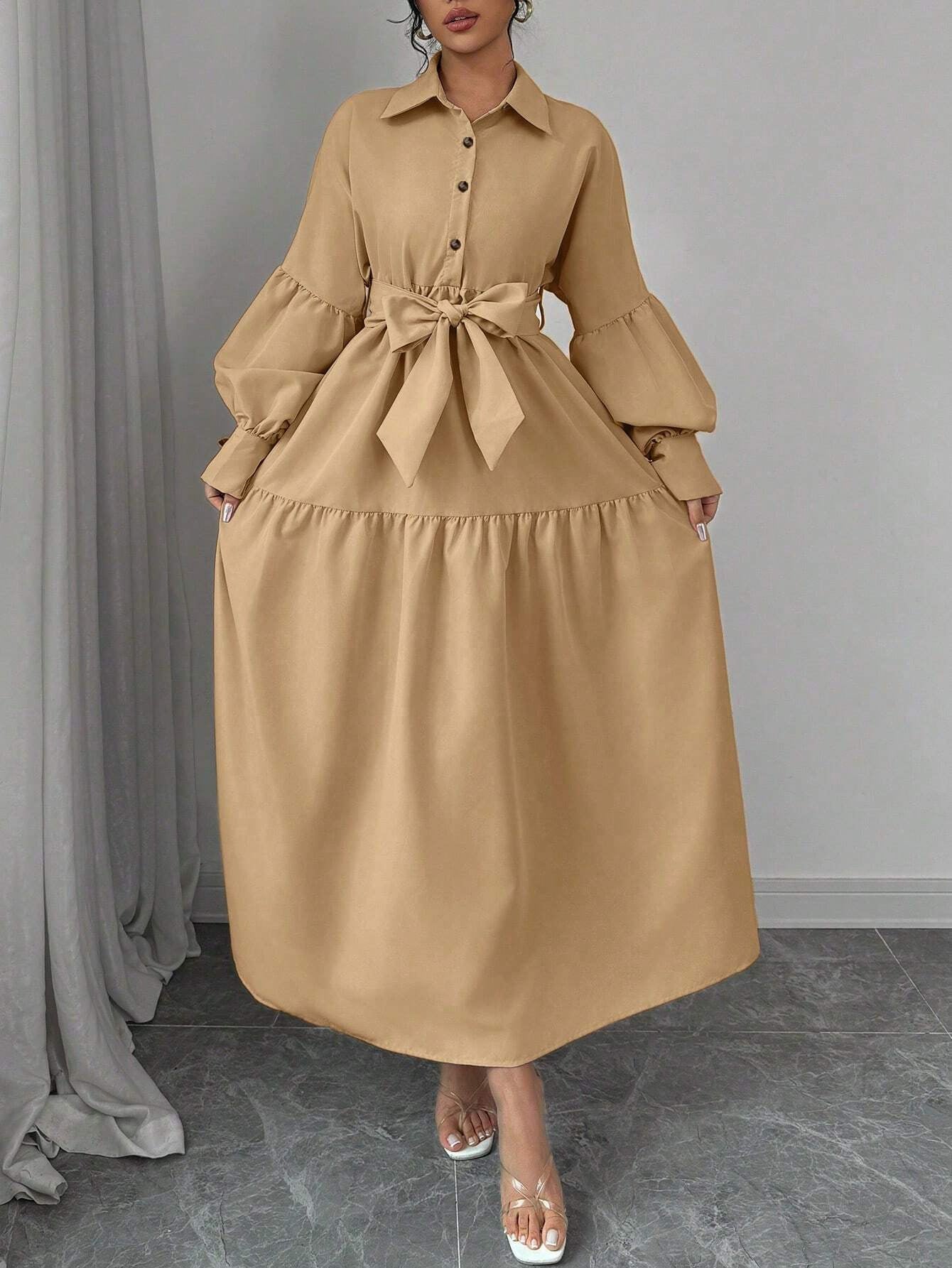 Eileithyia Elegant Tie-Waist Puff Sleeve Maxi Dress