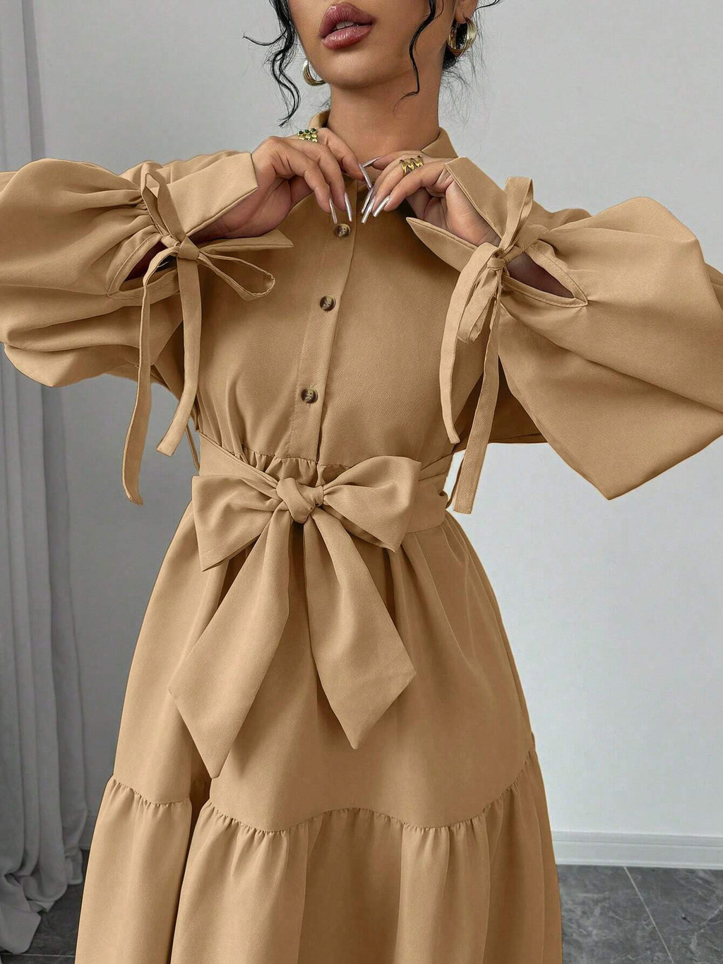 Eileithyia Elegant Tie-Waist Puff Sleeve Maxi Dress