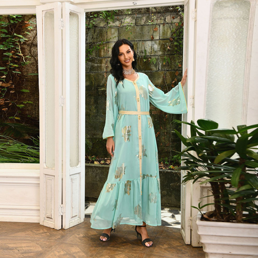 Venus Gold-Foil Chiffon Abaya — Middle Eastern Inspired Flowing Maxi Dress