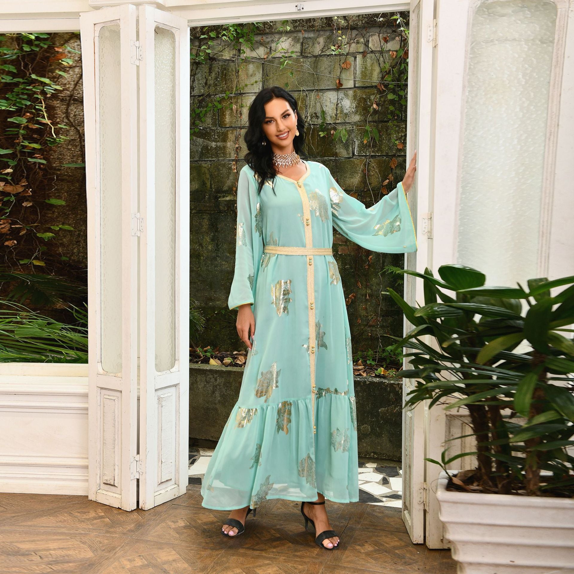 Venus Gold-Foil Chiffon Abaya — Middle Eastern Inspired Flowing Maxi Dress