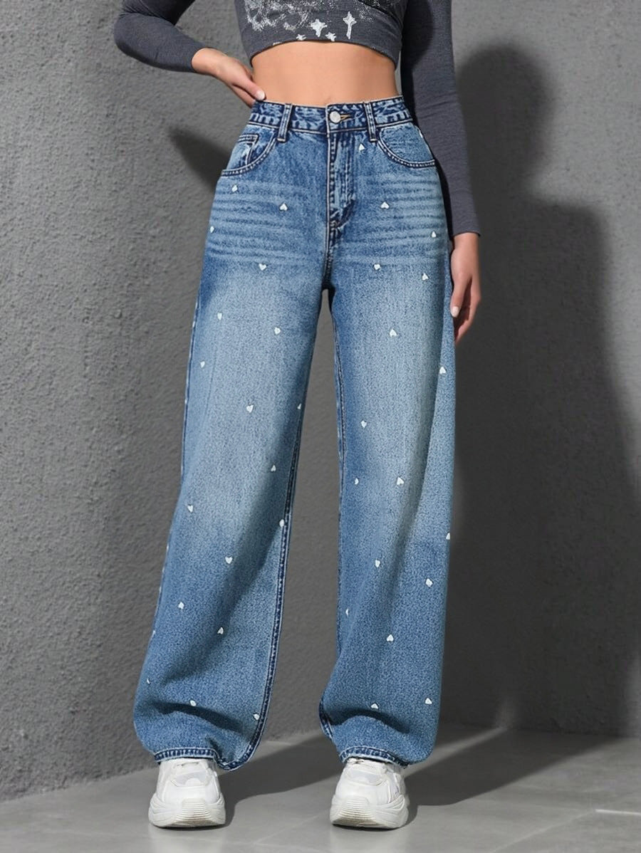 Selene Heart-Jacquard High-Waist Wide-Leg Jeans
