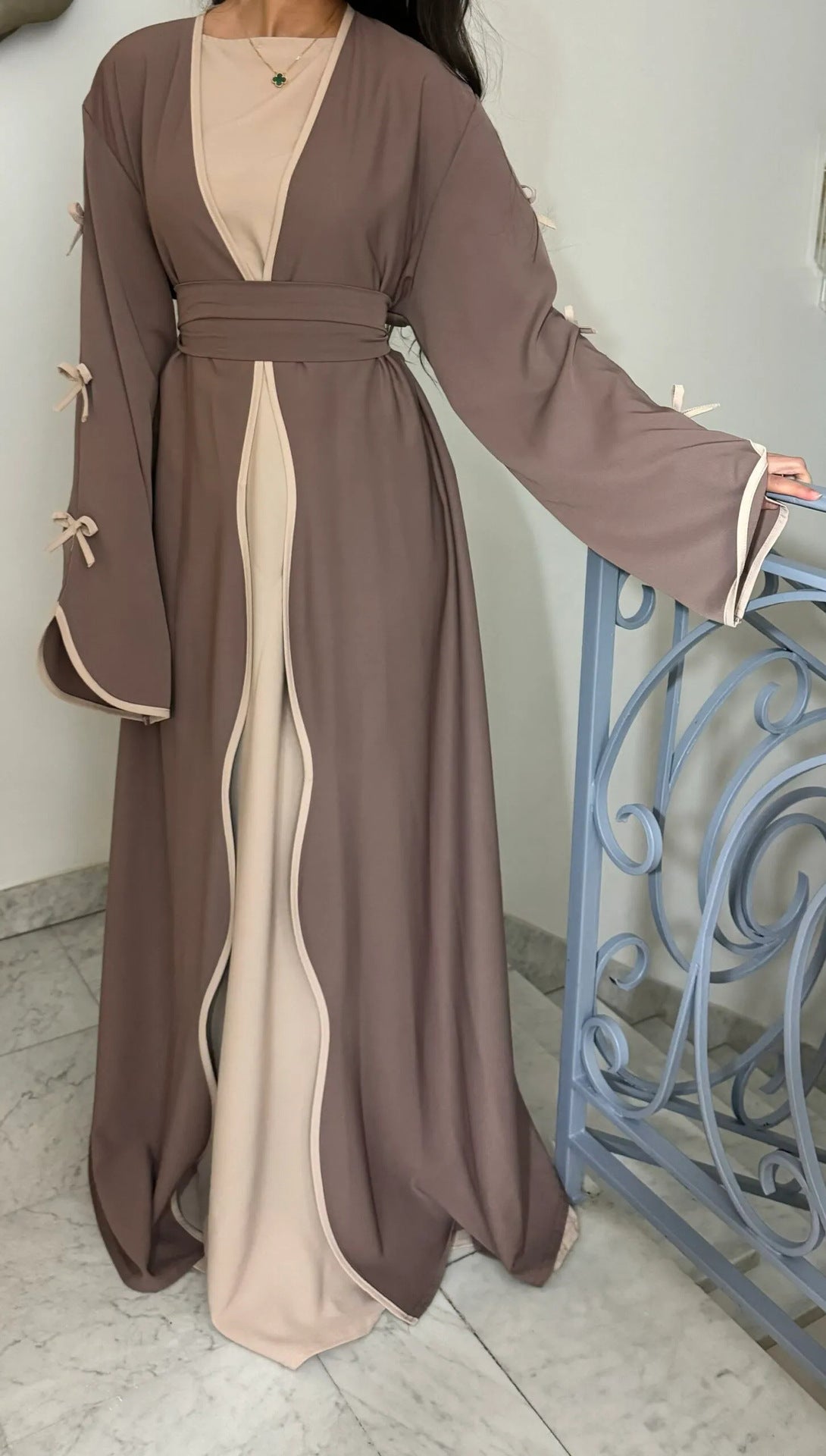 Hestia Bow-Detail Robe & Inner Dress Set — Elegant Long Abaya Style