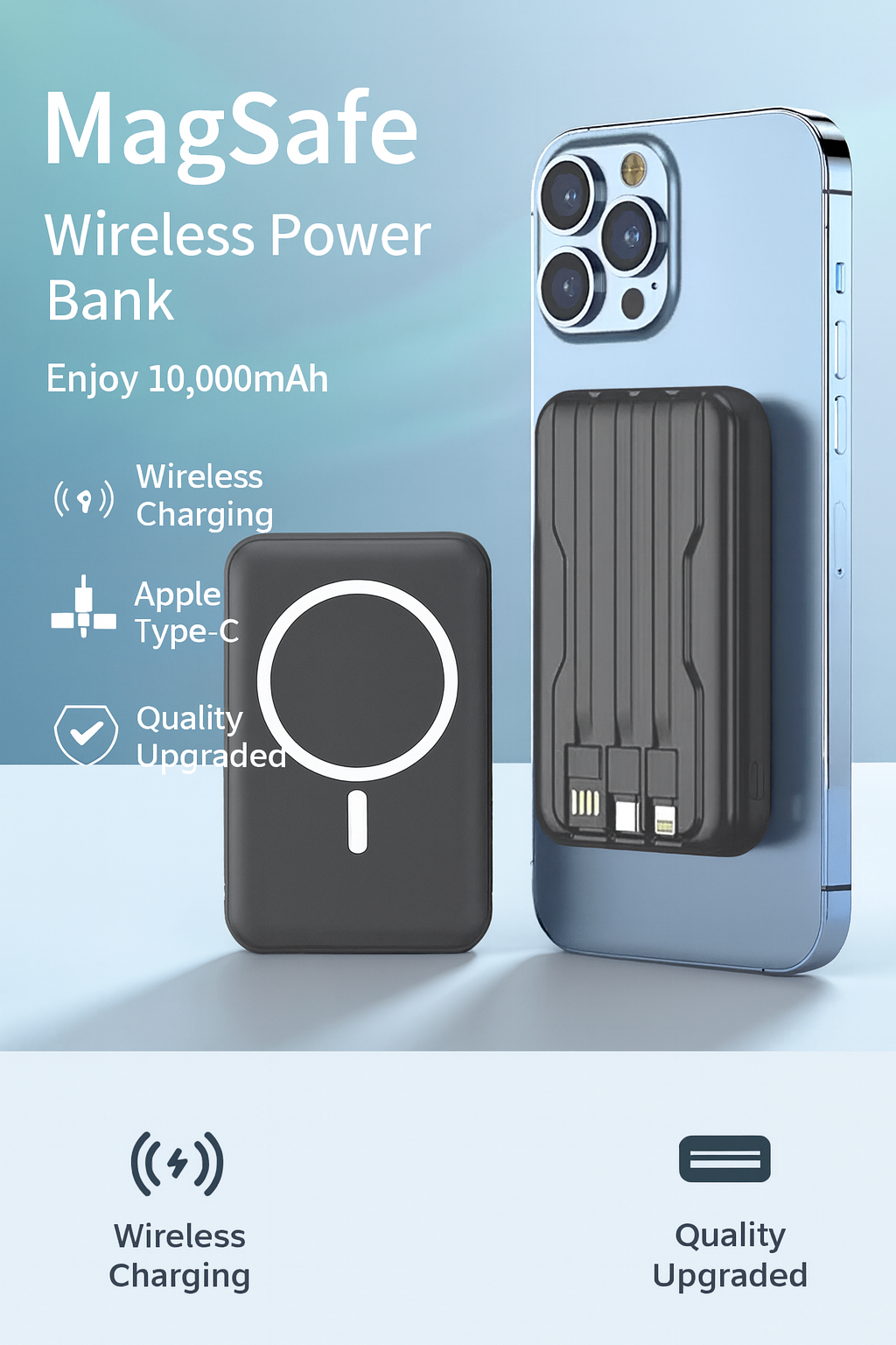 Magnetic Fast Charging Power Bank with Built-In Cable — 10,000mAh (Magsafe Compatible)